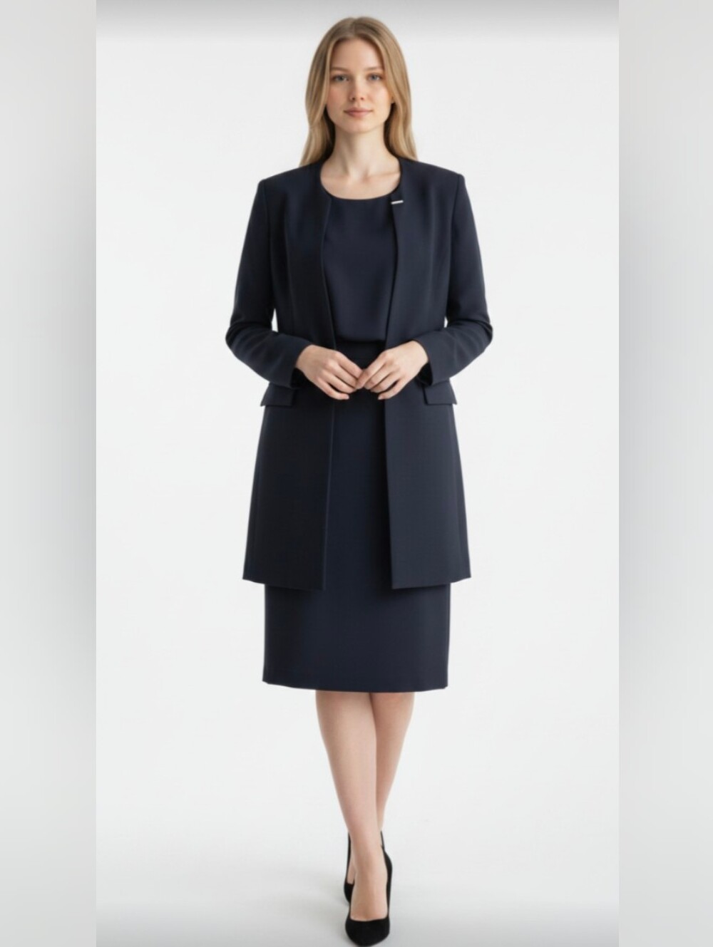 AMANDA SMITH! RICH BLACK 3 PIECE LONG SKIRT, TOP, LONG JACKET/BLAZER SUIT! 14W
